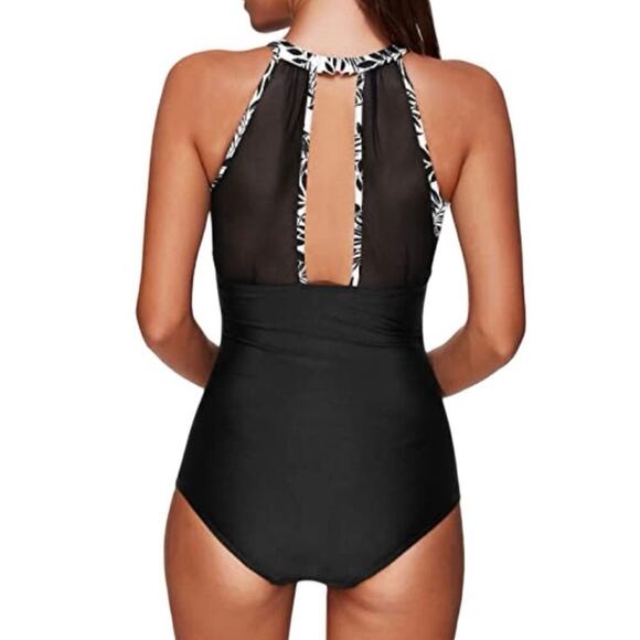 NWT Tempt Me Women’s High Neck Ruched One Piece Swimsuit Black Leaves Size M - Picture 2 of 8